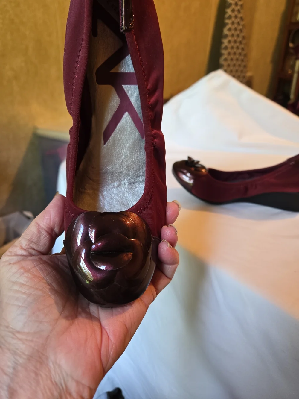 Anne Klein Burgundy Wedge Ballet Flats with Glossy Floral Toe